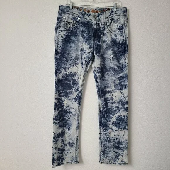 NEW Rock Revival Broddy Straight Distressed Denim Jeans Size 32x34 Blue